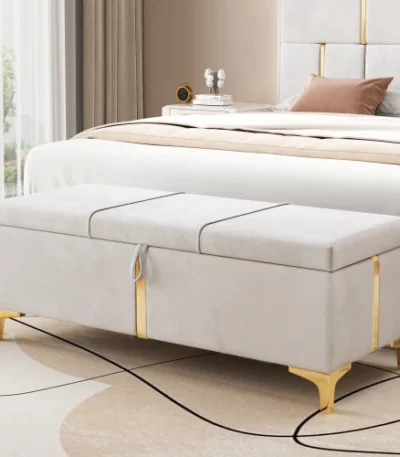 Goldoma adjustable height velvet storage ottoman in living room as footrest with hidden storage