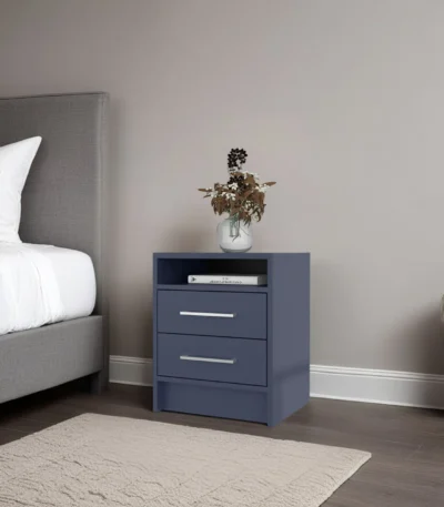 Kronos Blue nightstand with two drawers and open shelf in a modern bedroom setting.
