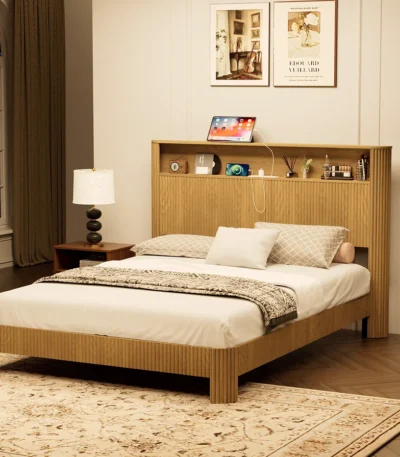 Goldoma adjustable queen bed frame with wavy storage headboard and built-in charging station in a modern bedroom