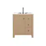 Freestanding bathroom vanity with sink, set against a neutral wall, showcasing its compact 30-inch width.