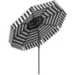 Black patio umbrella with tilt mechanism in outdoor setting