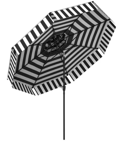 Black patio umbrella with tilt mechanism in outdoor setting