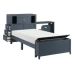 Goldoma Navy Blue Twin Adjustable Platform Bed with storage, bookcase headboard, hidden desk, drawers, and bench