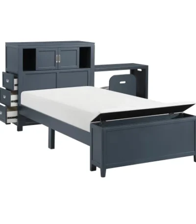 Goldoma Navy Blue Twin Adjustable Platform Bed with storage, bookcase headboard, hidden desk, drawers, and bench