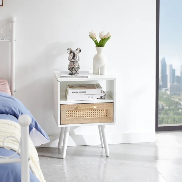 Rattan End Table with Drawer and Solid Wood Legs - Modern Nightstand for Bedroom or Living Room