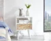 Modern side table solid wood with rattan drawer and tapered legs in a living room