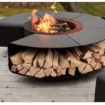 Outdoor fire pit chimnea on patio with flames and grill grate