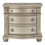 Goldoma modern nightstand with genuine marble top and three silver drawers in bedroom