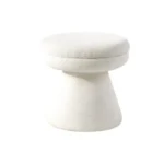 Adjustable velvet mushroom ottoman in a modern living room setting, plush round seat with wooden legs