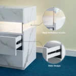 LED nightstand 3 drawer with white stone acrylic finish, featuring three storage drawers and ambient LED lighting.