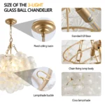 20-Inch Gold Pendant Light Chandelier with Threaded Clear Glass Globe Shade,Adjustable Height, Ideal for Living Room(No