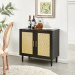 Side Panel Buffet Cabinet with Natural Rattan Door, Rattan Storage Cabinet with Adjustable Shelves - Image 4