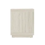 Whitewashed oak nightstand with open shelf and drawer in a modern bedroom setting