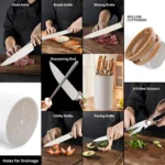 7-piece kitchen knife set in plastic holder including chef, santoku, nakiri, bread, boning, utility, and fruit slicer kn