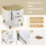 Curved nightstand with drawers featuring feather handles in a modern bedroom setting