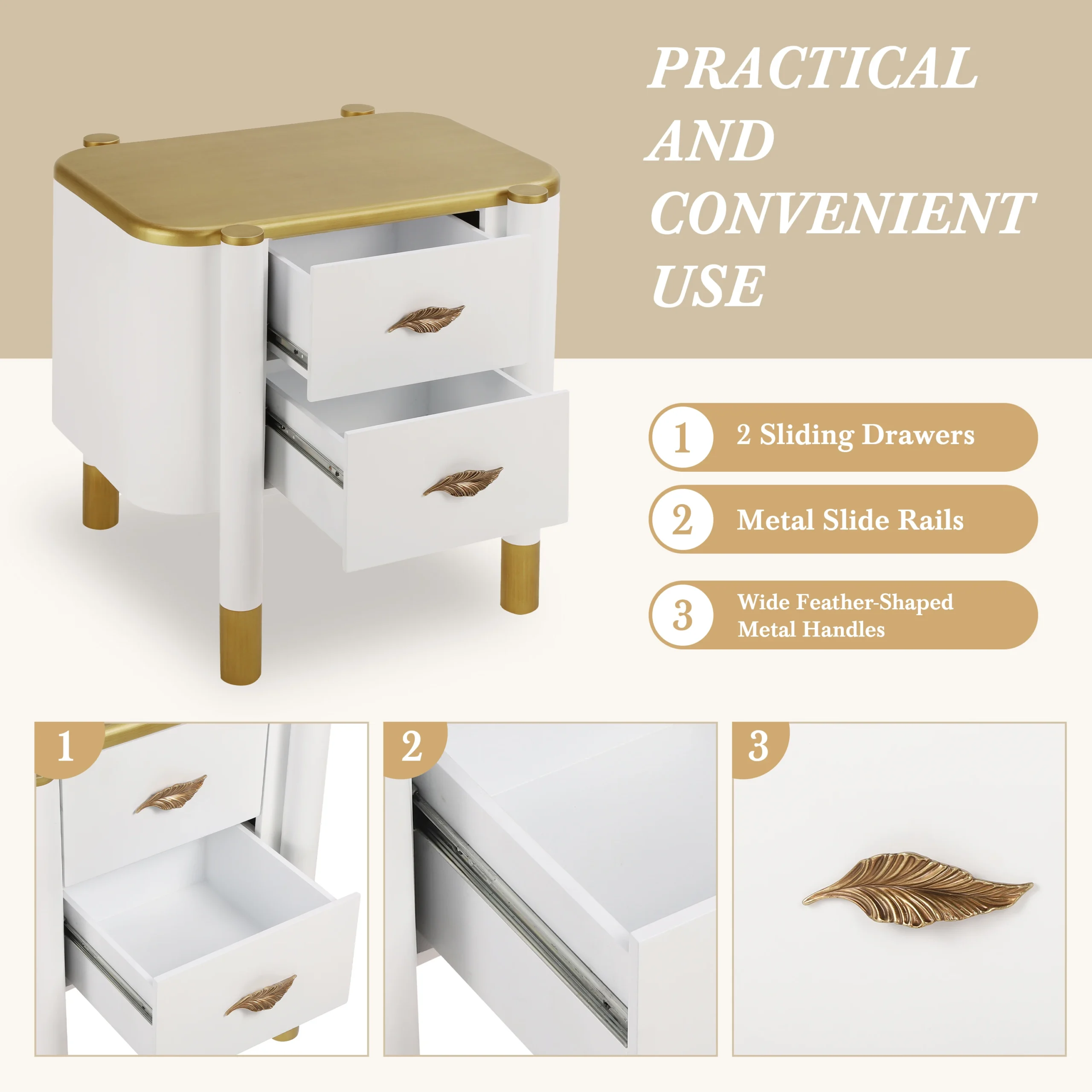 Curved 2-Drawer Nightstand with Feather Handles - Modern Bedside Table