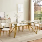 Antique Nordic modern dining table with tempered glass top and metal legs seating 6 people in a dining room