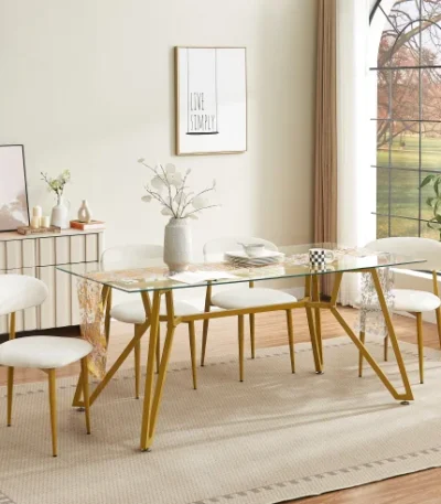 Antique Nordic modern dining table with tempered glass top and metal legs seating 6 people in a dining room