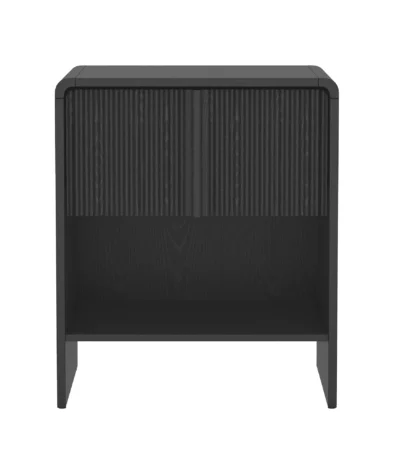 Minimalist black nightstand with storage drawer in bedroom
