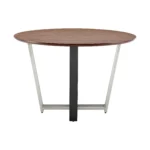 48-inch round two tone dining table with brown wood top and black iron sled base in a dining room setting