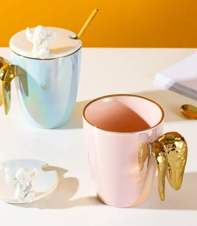 Creative Pearlescent Colored Ceramic Mug with Angel Wings, Coffee Cup with Lids, Cute Flower Tea Tazas Afternoon