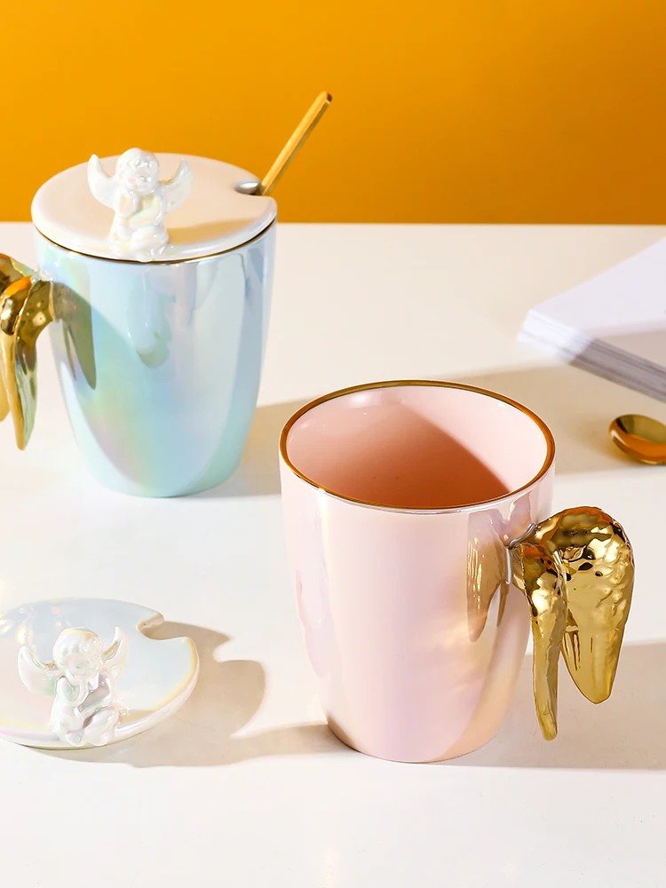 Creative Pearlescent Colored Ceramic Mug with Angel Wings, Coffee Cup with Lids, Cute Flower Tea Tazas Afternoon