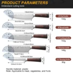 Five-piece Japanese kitchen knives set including paring, boning, butcher, bread, and chef knife on cutting board