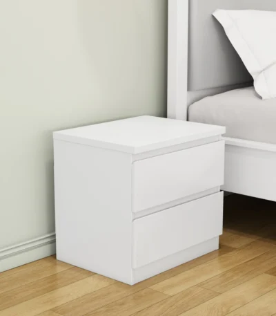 White nightstand with 2 drawers and handle-free design featuring a thickened top plate in a modern bedroom setting