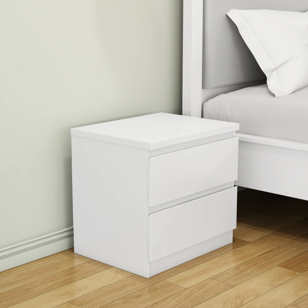Hd5d3f641264e43f5a0e03f7b65626befh.webp White nightstand with 2 drawers and handle-free design featuring a thickened top plate in a modern bedroom setting