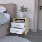 Goldoma Cartiz nightstand with two drawers in white and light oak finish beside a bed, minimalist bedroom storage