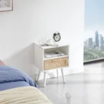 White rattan end table with drawer and solid wood legs, modern nightstand for bedroom or living room