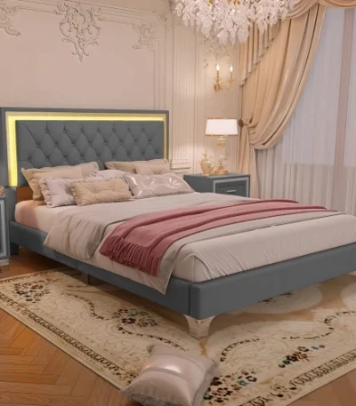 Queen upholstered platform bed with LED lights and tufted headboard in modern bedroom setting