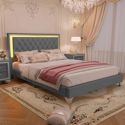 Hd5f359cbb8cd48c98ae481515bc9a735j.webp Queen upholstered platform bed with LED lights and tufted headboard in modern bedroom setting