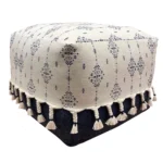 Goldoma 18" Natural and Navy Blue Cotton Medallion Pouf Ottoman, Footstool and Extra Seat – side view