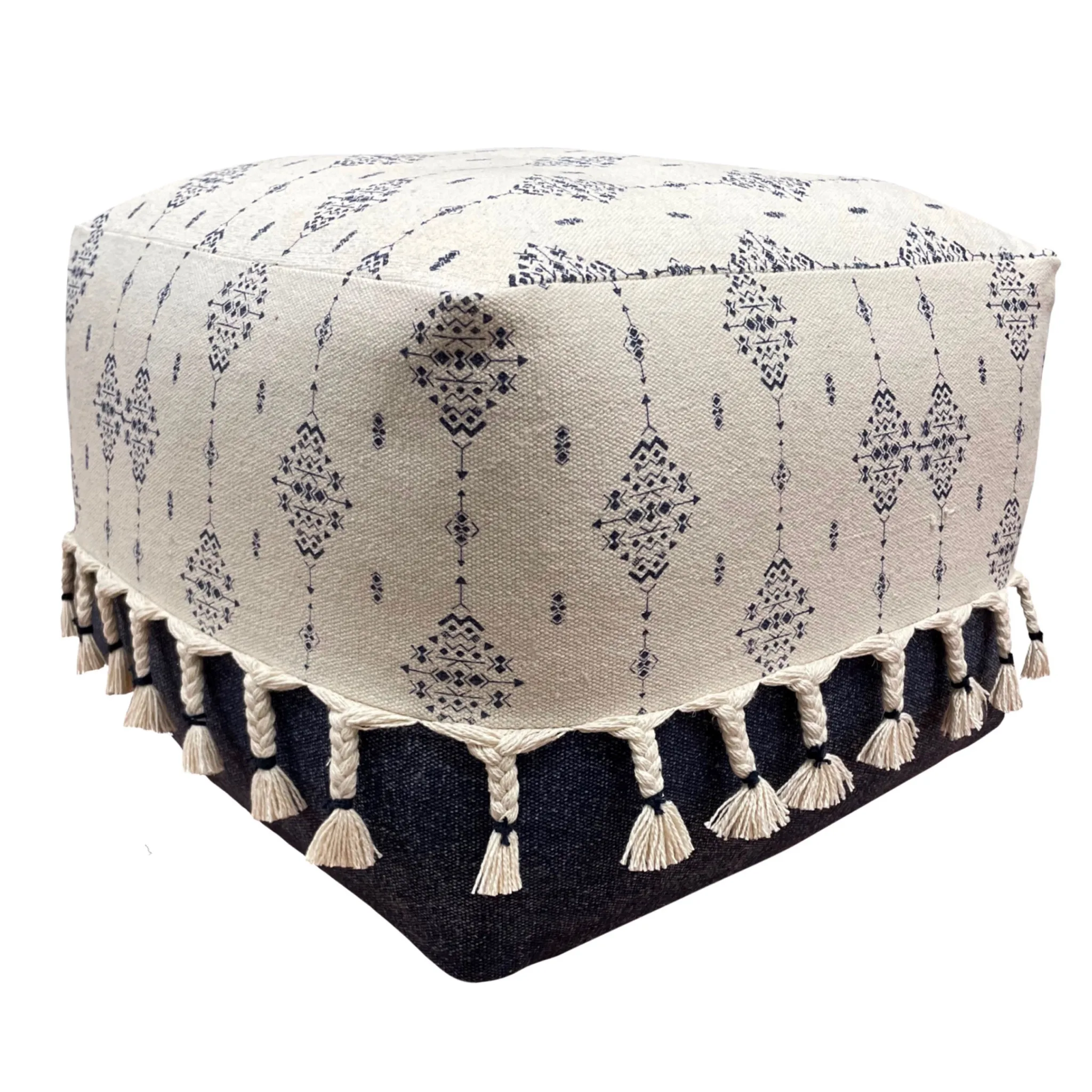 Goldoma 18" Natural and Navy Blue Cotton Medallion Pouf Ottoman, Footstool and Extra Seat