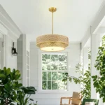 17.7 Inch Woven Rattan Linen Semi Flush Mount Ceiling Light Fixture, Modern Boho Drum Lamp, Farmhouse Gold Wicker Chandelier