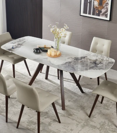 Modern expandable sintered stone dining table set for 6 with heat-resistant top in a stylish dining room