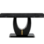 Luxury stone dining table with metal legs seating six in a modern dining room