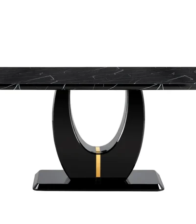 Luxury stone dining table with metal legs seating six in a modern dining room