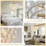 Elegant glass globe chandelier with brass accents in a modern living room