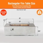 Rectangular MgO propane fire pit table with glowing flames on a patio