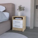 Goldoma Cartiz nightstand with two drawers in white and light oak finish beside a bed, minimalist bedroom storage