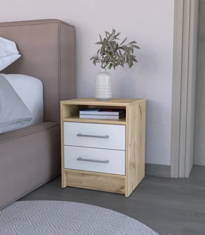 Goldoma Cartiz nightstand with two drawers in white and light oak finish beside a bed, minimalist bedroom storage