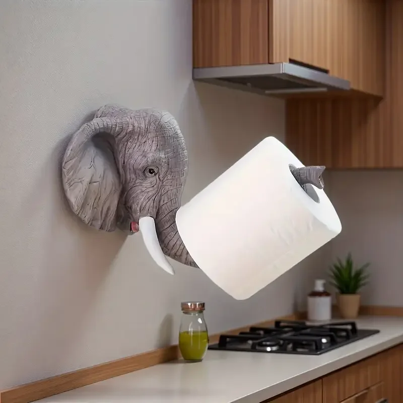 Wall Mounted Resin Elephant Toilet Paper Holder - Realistic Animal Sculpture Paper Roll Rack for Bathroom