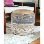 Goldoma 18" Blue Cylinder Geometric Pouf Ottoman - MDF Leather & Jute – styled in a modern Ottomans & Benches setting