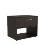 Modern walnut nightstand with drawer and shelf in a bedroom setting