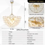 Elegant glass globe chandelier with brass accents in a modern living room