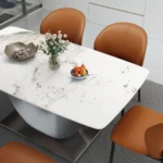 Goldoma Luxury Marble Textured Dining Table with Sintered Stone Top and Gold Metal Base - Rectangular Modern Style