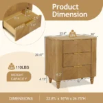 Mid century fluted 3 drawer nightstand with gold handles in natural wood finish - perfect bedroom storage furniture