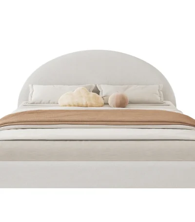 Goldoma adjustable bed frame king with soft boucle upholstered curved headboard and eco-friendly wood frame in a modern bedroom